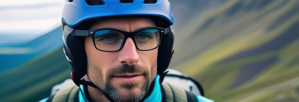 Man wearing helmet and sunglasses glasses stands confidently before towering mountain backdrop ready for adventure, exploration. He may be gearing up for bicycle ride, some other outdoor activity