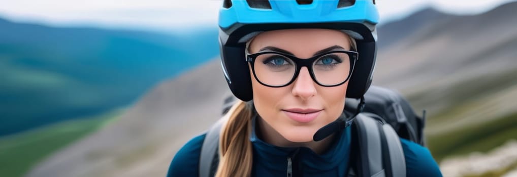 Woman wearing helmet and glasses stands confidently before towering mountain backdrop ready for adventure and exploration. She may be gearing up for bicycle ride or some other outdoor activity