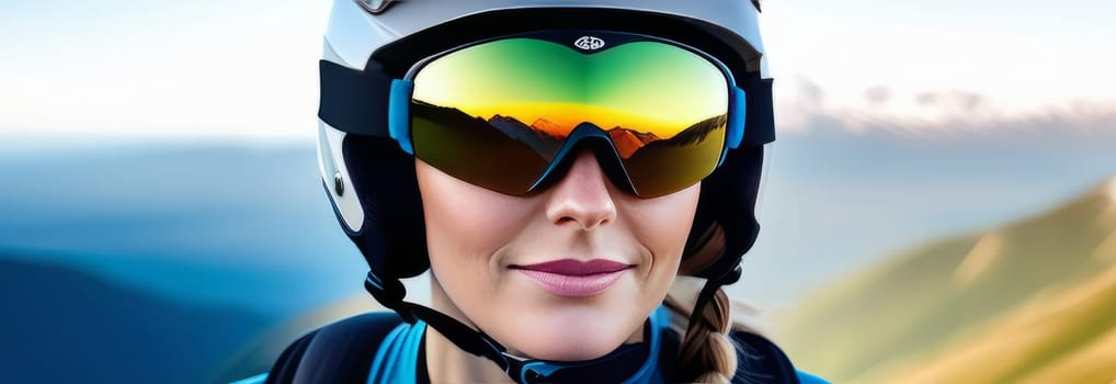 Woman wearing helmet and sunglasses glasses stands confidently before towering mountain backdrop ready for adventure, exploration. She may be gearing up for bicycle ride or some other outdoor activity