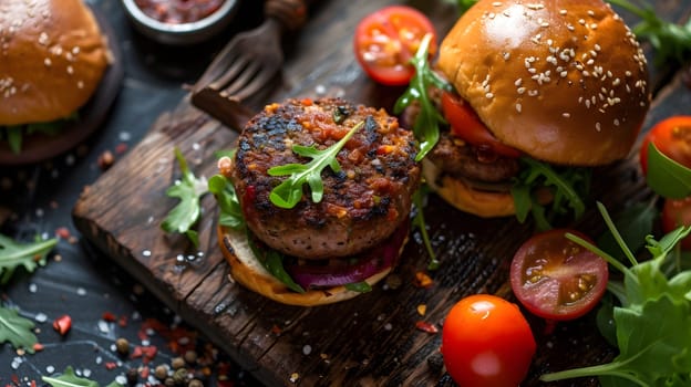 vegetarian burger with rocket salad and tomatoes, generative ai. High quality photo