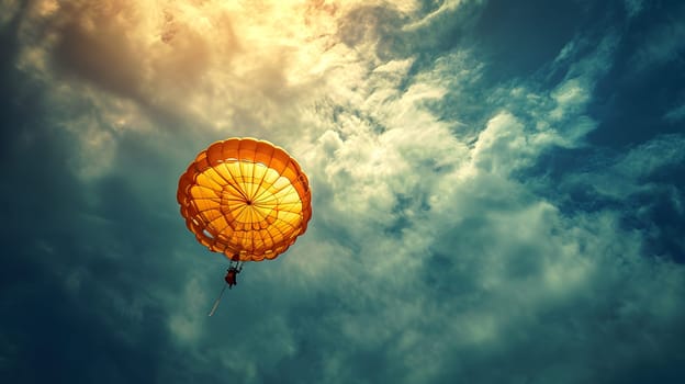 golden parachute against blue sky, generative ai. High quality photo