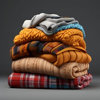 A hyper realistic render of a stack of winter clothes neatly folded and arranged on top of each other.