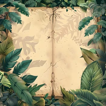A rectangular book with green cover surrounded by tropical leaves and branches. It represents the connection between plant organisms and textile design in a terrestrial biome