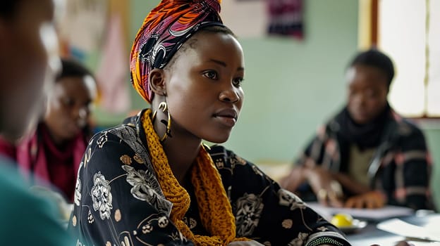 A young African woman in traditional attire participates thoughtfully in a community meeting - generative AI