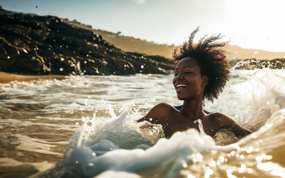 A carefree moment captured as a woman laughs amidst the sparkling sea waves - Generative AI