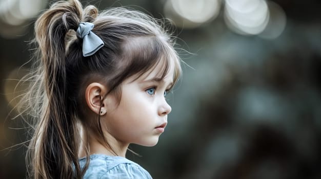 A close-up portrait of a contemplative young girl, her innocence reflected in her deep blue eyes and serene expression - Generative AI