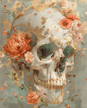 A painting of a skull surrounded by flowers on a blue background. The artwork features intricate details of bone structure and delicate petals, blending nature and death in visual arts