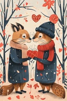 Two foxes with intricate patterns in their fur stand side by side in a forest, resembling characters from a holiday illustration. One fox sports a beard, adding a touch of whimsy to the scene