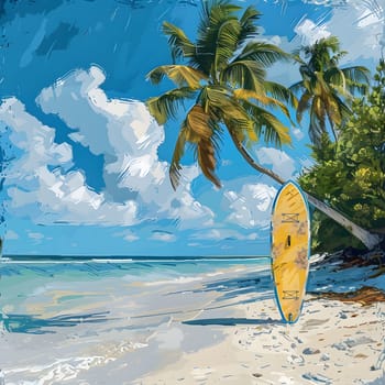 A sunny day at the beach, where a yellow surfboard rests against a palm tree, creating a picturesque scene with clear blue skies and crystal clear waters