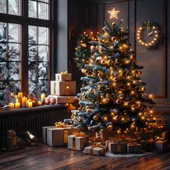 A beautifully decorated Christmas tree stands in the center of the room, adorned with holiday ornaments and surrounded by gifts. The festive display adds a touch of cheer to the interior design