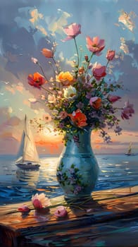 An art piece showcasing vibrant flowers in a vase on a table, with boats in the background under a sky filled with fluffy clouds