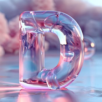 glassy pink and blue letter D for logo in the style of neumorphism, soft natural lighting, simple and elegant space, close-up, super high detaill