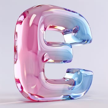 glassy pink and blue letter E for logo in the style of neumorphism, soft natural lighting, simple and elegant space, close-up, super high detaill