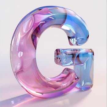 glassy pink and blue letter G for logo in the style of neumorphism, soft natural lighting, simple and elegant space, close-up, super high detaill