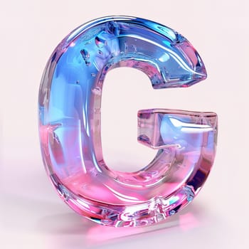 glassy pink and blue letter G for logo in the style of neumorphism, soft natural lighting, simple and elegant space, close-up, super high detaill