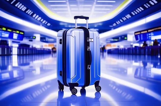 One blue suitcase for hand luggage on the background in the airport terminal in an empty boarding area. The concept of a travel trip, purple tinted.