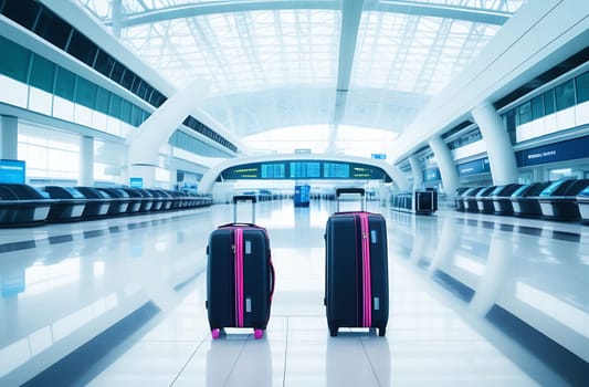 Two suitcases in the background at the airport terminal in an empty boarding area. The concept of a travel trip.