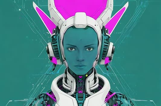 The concept of artificial intelligence is AI. Illustration portrait of a female robot.