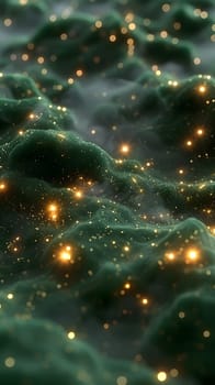 A close up of a vibrant green surface with illuminated lights, creating a mystical atmosphere reminiscent of a midnight space event