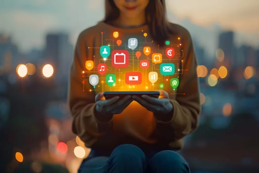 a woman is holding a tablet with social media icons coming out of it . High quality