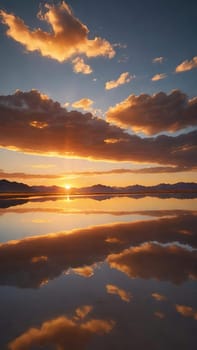 Sunset reflected in a lake with clouds and mountains in the background