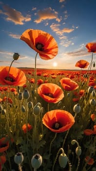 poppy field at sunset. Beautiful landscape with red poppies. Nature composition. Soft focus.