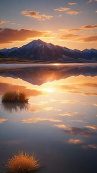 Sunset reflected in a lake with clouds and mountains in the background