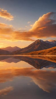 Sunset reflected in a lake with clouds and mountains in the background