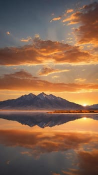 Sunset reflected in a lake with clouds and mountains in the background