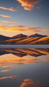 Sunset reflected in a lake with clouds and mountains in the background