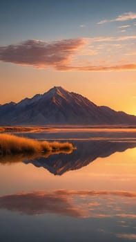 Sunset reflected in a lake with clouds and mountains in the background