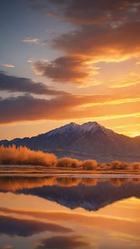 Sunset reflected in a lake with clouds and mountains in the background