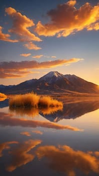 Sunset reflected in a lake with clouds and mountains in the background