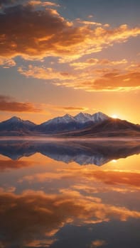 Sunset reflected in a lake with clouds and mountains in the background