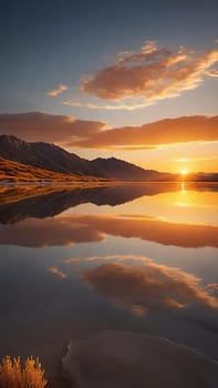 Sunset reflected in a lake with clouds and mountains in the background