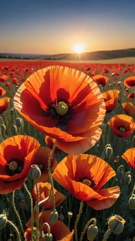 poppy field at sunset. Beautiful landscape with red poppies. Nature composition. Soft focus.