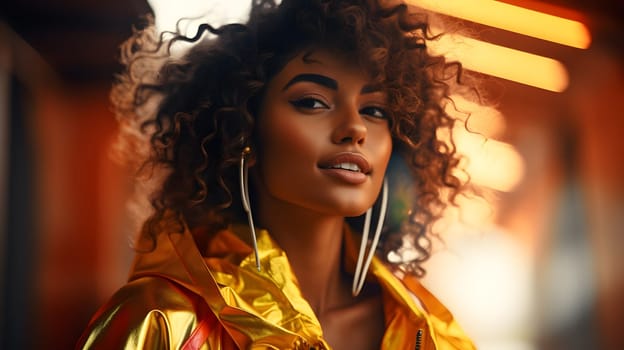 In this close-up portrait, a black woman with curly hair confidently showcases her individuality while wearing a vibrant gold jacket. Her striking appearance demands attention.