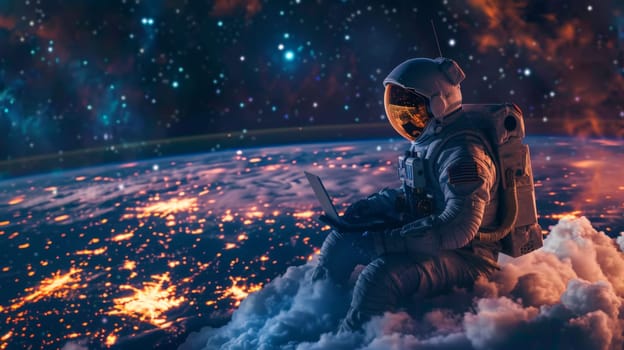 An astronaut sitting on the clouds with laptop, flying over a city in a starry magic night.