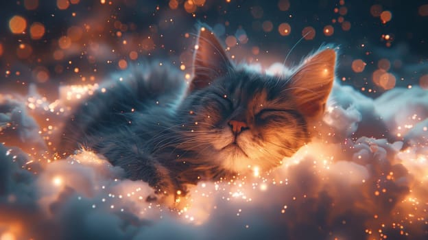 A cat lying down on the clouds, flying over a city in a starry magic night.