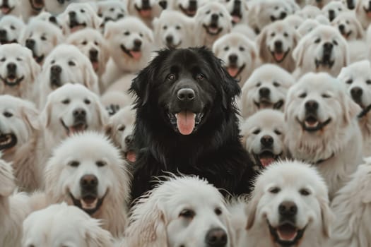 A black dog among a flock of white dog, raising head as a leader, standing out from the crowd.