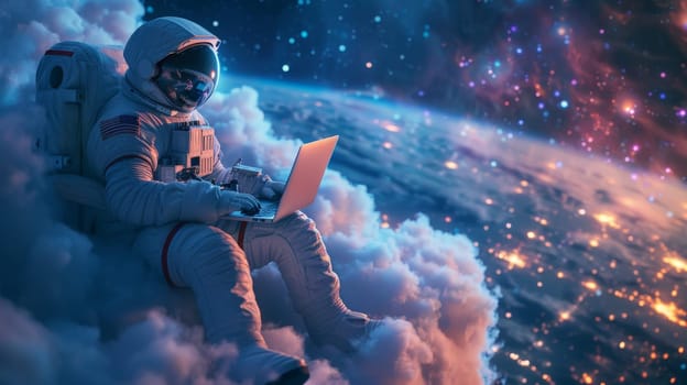 An astronaut sitting on the clouds with laptop, flying over a city in a starry magic night.