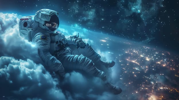 An astronaut lie on the clouds, flying over a city in a starry magic night.