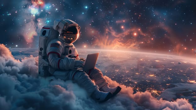 An astronaut sitting on the clouds with laptop, flying over a city in a starry magic night.