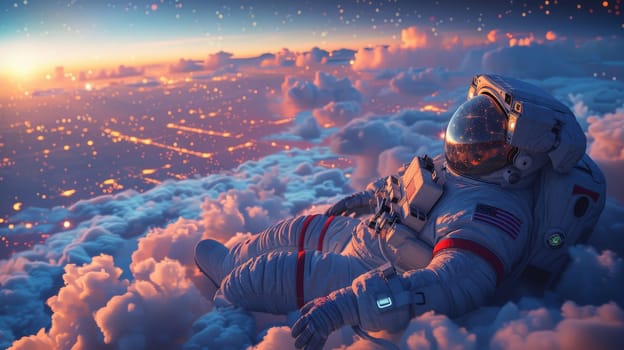 An astronaut lie on the clouds, flying over a city in a starry magic night.