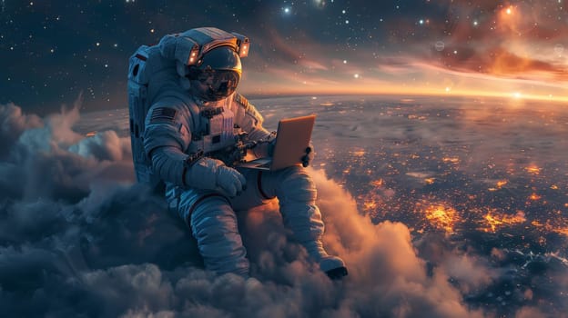 An astronaut sitting on the clouds with laptop, flying over a city in a starry magic night.