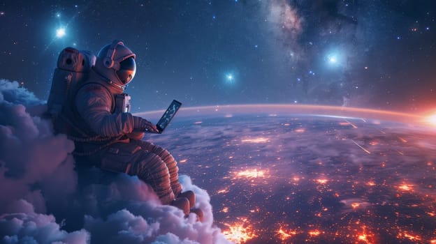 An astronaut sitting on the clouds with laptop, flying over a city in a starry magic night.