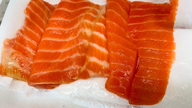 Raw fresh salmon fillets ready for cooking to be the very delicious dish in the fresh fish market in indonesia