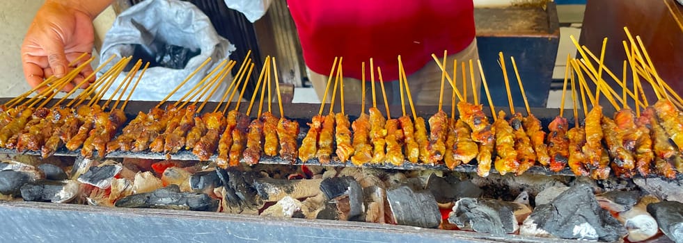 very flavorful beef satay meat grilled over charcoal, beef skewer delicious barbeque, sate sapi