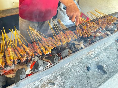 very flavorful beef satay meat grilled over charcoal, beef skewer delicious barbeque, sate sapi
