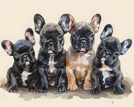 A painting featuring four adorable French Bulldog puppies sitting together. These dogs are known for their compact size, playful nature, and distinctive batlike ears